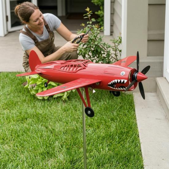 Red Airplane Wind Spinner 3D Kinetic Metal Wind Sculpture 360 Rotating Windmill Stake Yard Art for Front Porch Backyard Lawn Flower Bed Garden Decor