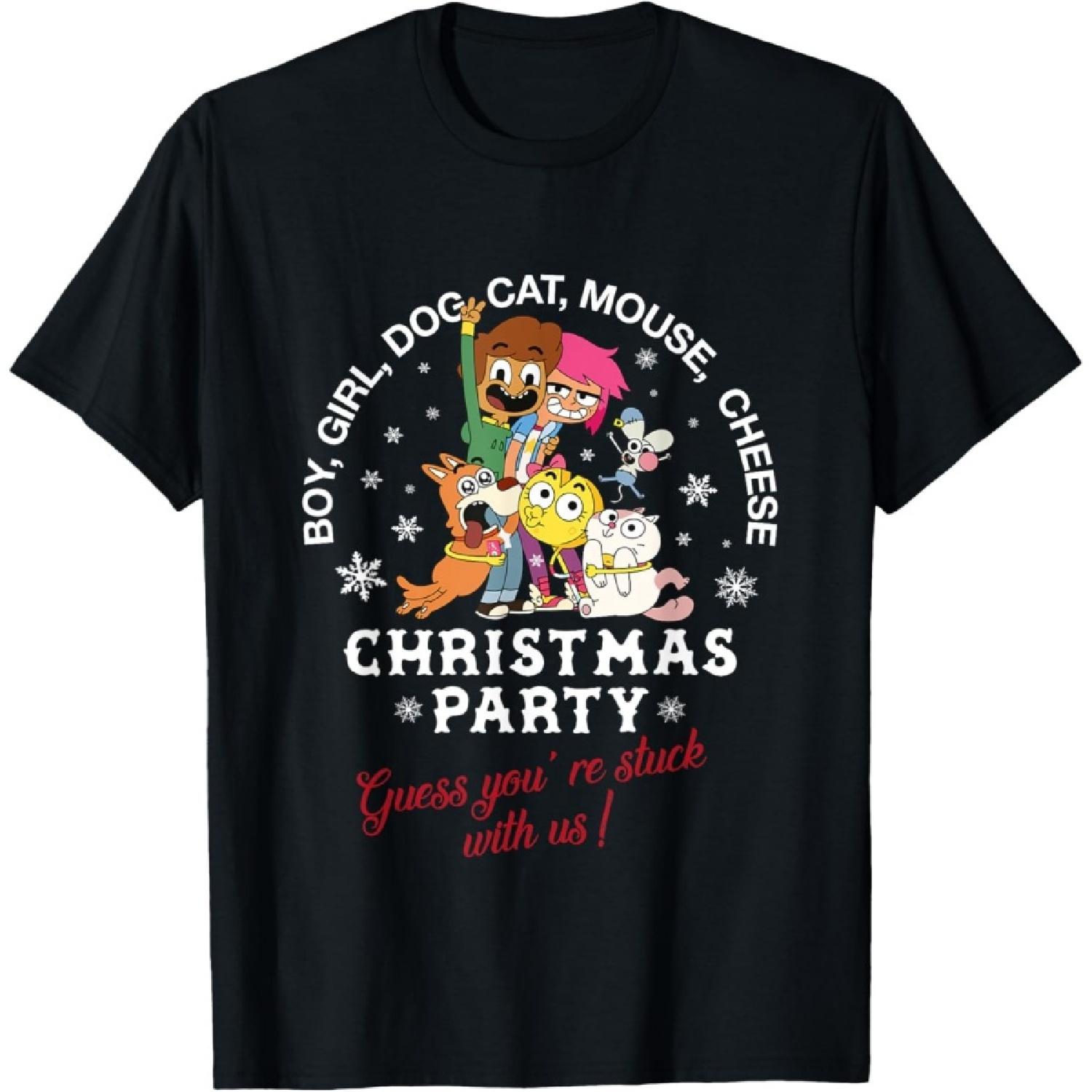 Boy Girl Dog Cat Mouse Cheese Christmas Party T-Shirt S