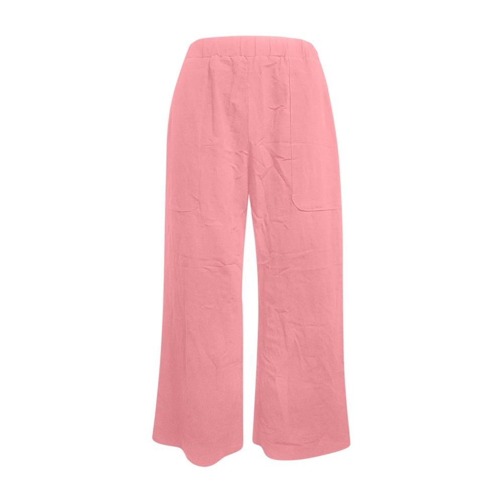 Ladies Solid Color Cotton Linen Elastic Waist Loose Wide Leg Pants Casual Pants