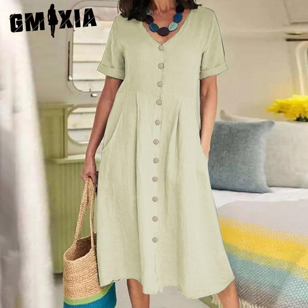 GMXIA Dame Sommer Casual Bomull V-hals Kort Erm Knappekjole