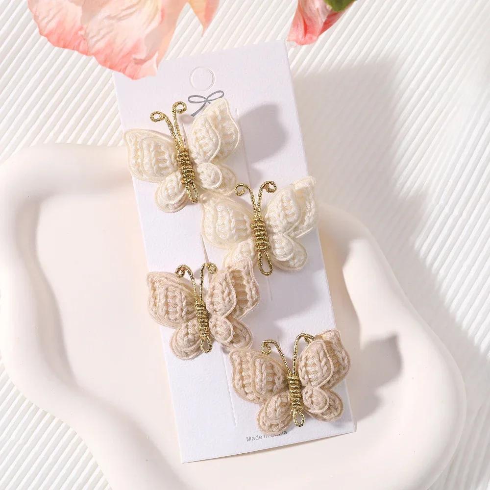 4Pcs/Set New Cute Baby Girls Wool Knitting Headwear Handmade Crochet Butterfly Alloy Hairs Clips Children Hairpins Quality