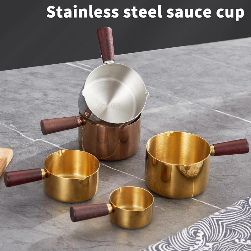 1Pcs Stainless Steel Sauce Cup Western Sauce Cup Steak Dressing Cup Wooden Handle Tomato Salad Dipping Saucer Kitchen Tool