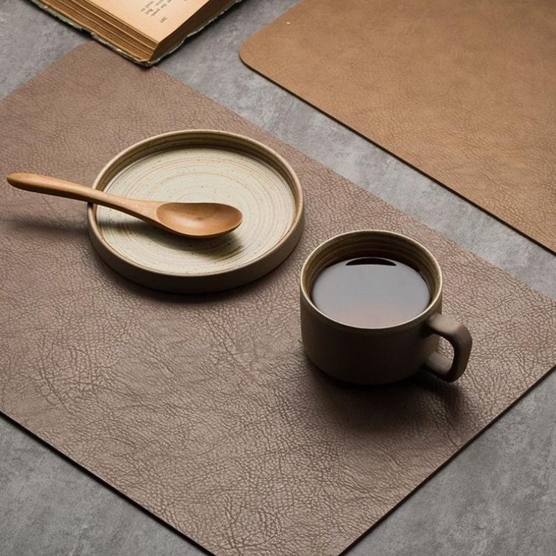 1Pcs Light Luxury Solid Leather Placemat Coffee Brown Pu Table Mat Waterproof Oilproof Heat-Insulated Plate Bowl Pad Table Decor