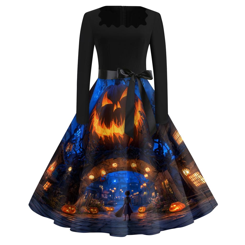 Women's Vintage Square Neck Casual Dress with Halloween Print for Fall Occasions