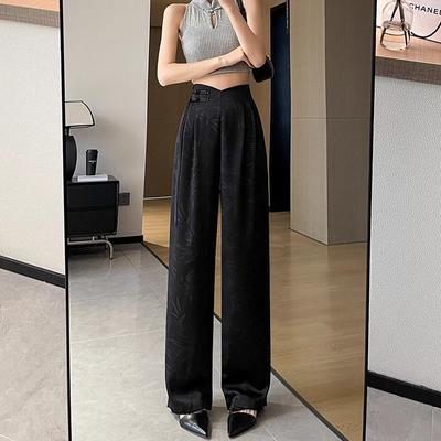 Yeni Çin Stili Saten Kabartmalı Geniş Paça Kadın Pantolonu Yaz İçin İnce Yüksek Bel Düz Pantolon Dar Kesim Dökümlü Günlük Pantolon