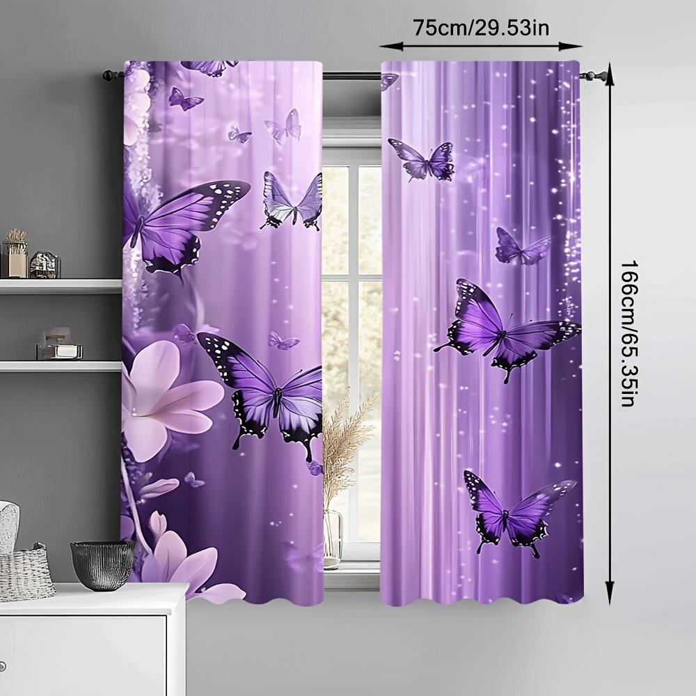 Set Of 2 Violet Butterfly Dance Curtains Purple Floral Semi Transparent Bedroom Office Living Room Decor Curtain With Rod Pocket Polyester Ideal For