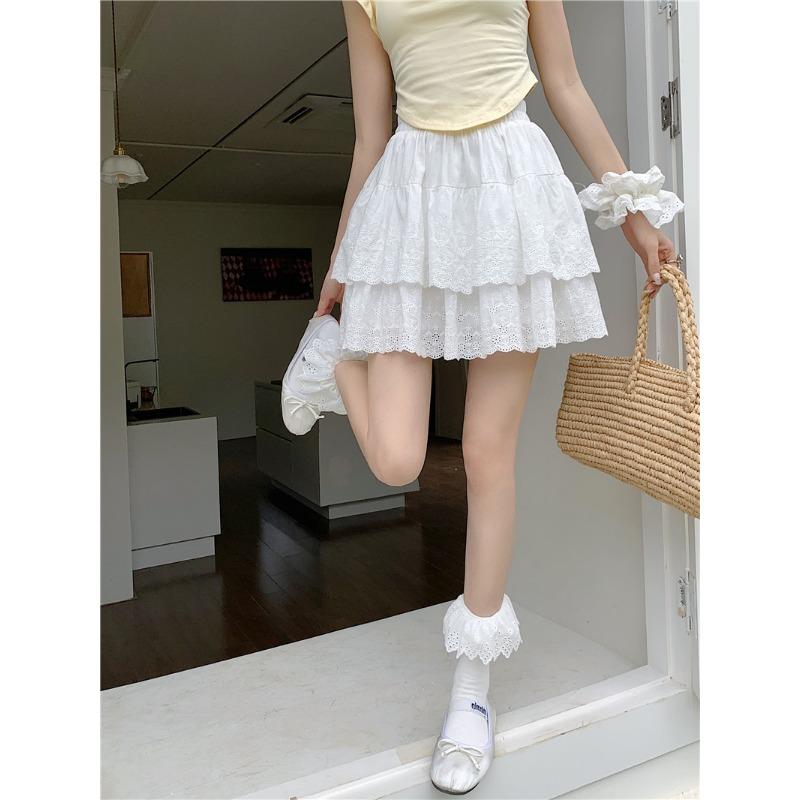 DX~~Gentle Wind Fluffy Cake Skirt Women's Summer High Waist Slim Hollow Lace A-line Half skirt