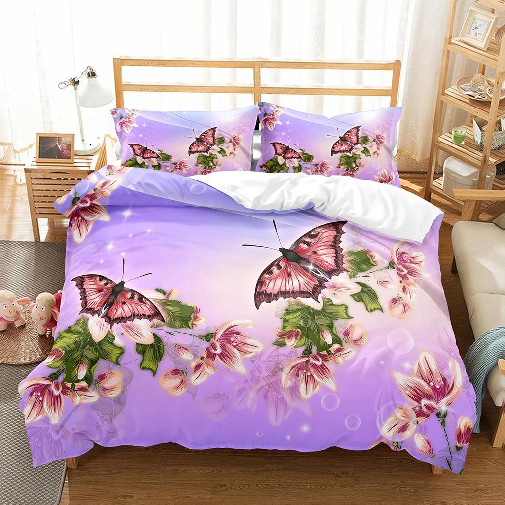 Butterfly And Flower Duvet Cover Girls Botanical Floral Bedding Set Microfiber Garden Flower Print Quilt Cover Twin King Size