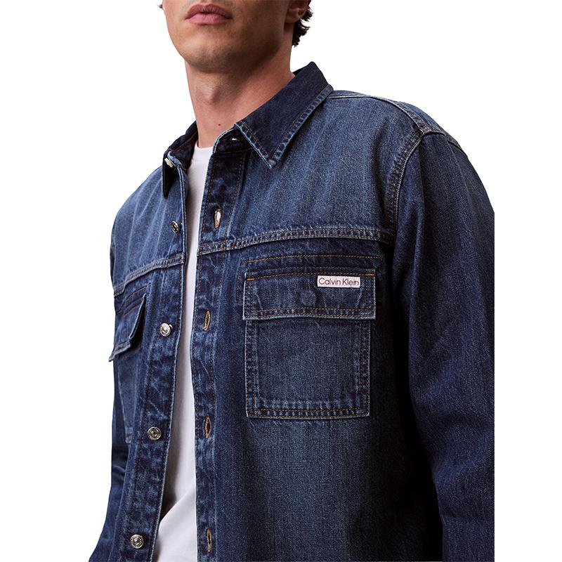 Calvin Klein American Vintage Minimalist Label Patch Pocket Cotton Linen Blend Denim Shirt Men shirts 4RF904G