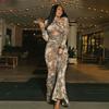 Women's Long Sleeve Snake Print Halter Cutout Maxi Dress Slim Bodycon Mermaid Party Dress