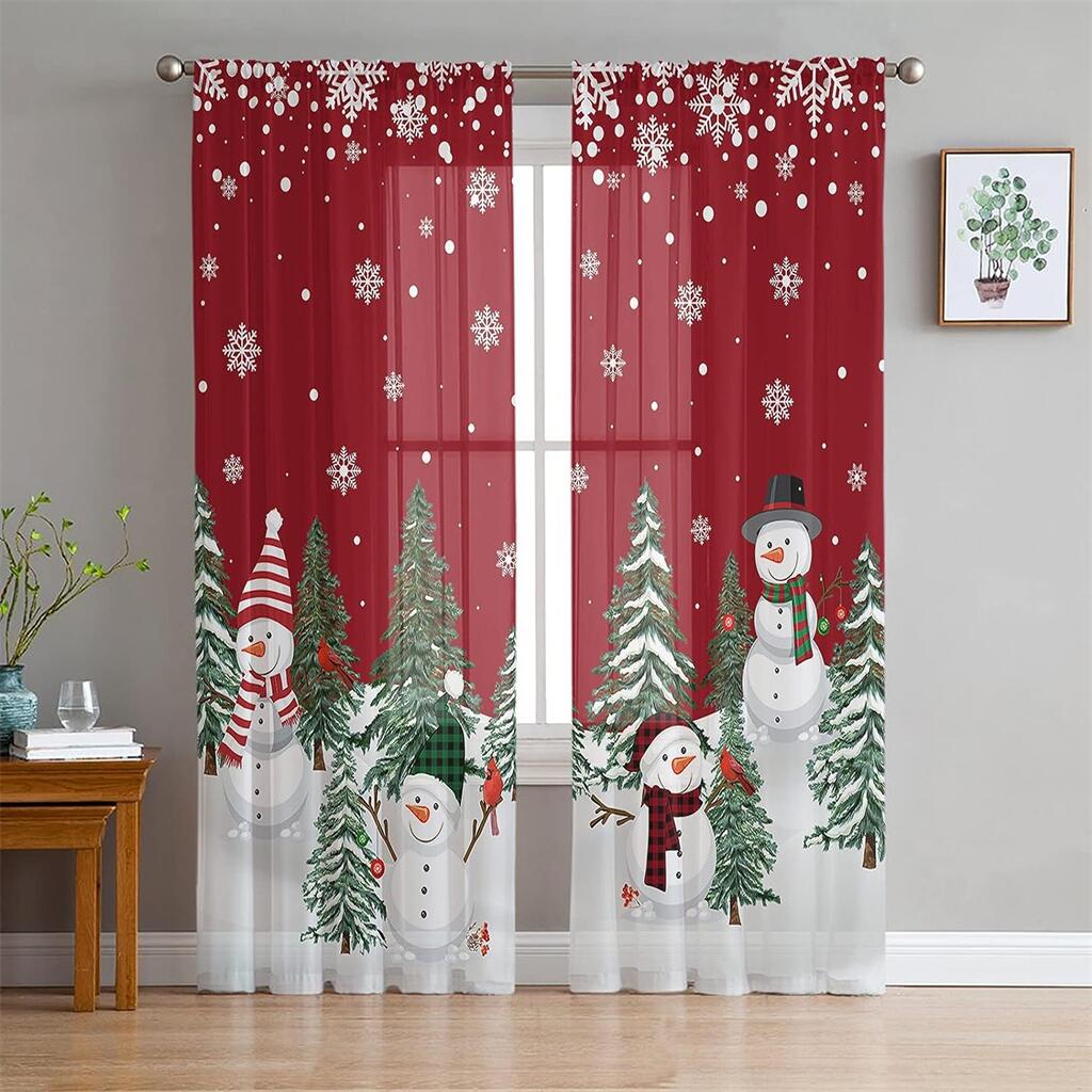 Christmas Red Curtains Santa Claus Snowman Print Window Drapes 2 Panels Living Room Bedroom Kids Sun Block Decor