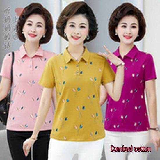 Autumn Cotton Lapel T-shirt for Middle-aged & Elderly Women - Long-Sleeve, Loose Fit, Plus Size