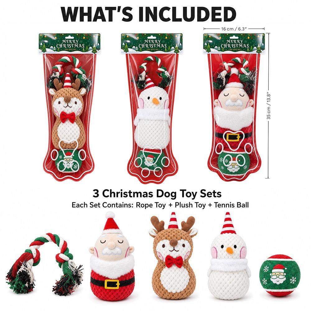 3pcs Xmas Tree Pet Chew Toy Ball Christmas Santa Pet Toy Festive Puppy Biting Toy Large Dogs