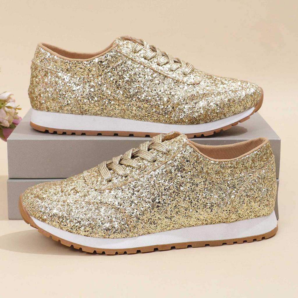 Plus Size Flat Casual Sports Shoes Women's 2025 New Sequin Lace-up Shoes