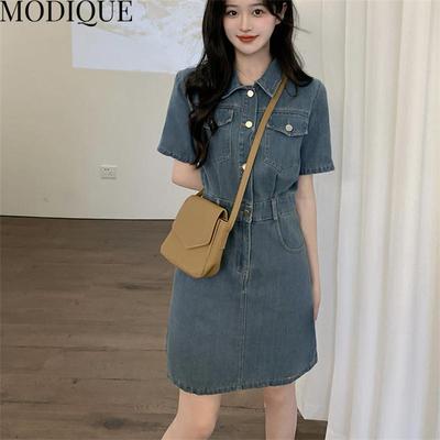 MODIQUE Lato Plus Size Nowa krótka spódnica Sukienka Koszula Kobiety Luźny Denim Słodka Formalna Sukienka Vintage Swobodne Sukienki Damskie Kołnierzyk Lalki Krótki Rękaw