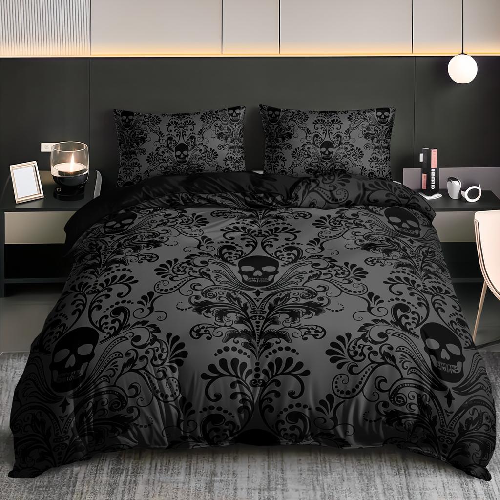 Black Damask Comforter Cover Set Exotic Sugar Skull Duvet Covers Gothic Vintage Floral Skeleton Bedding Set Bohemian Quilt Cover