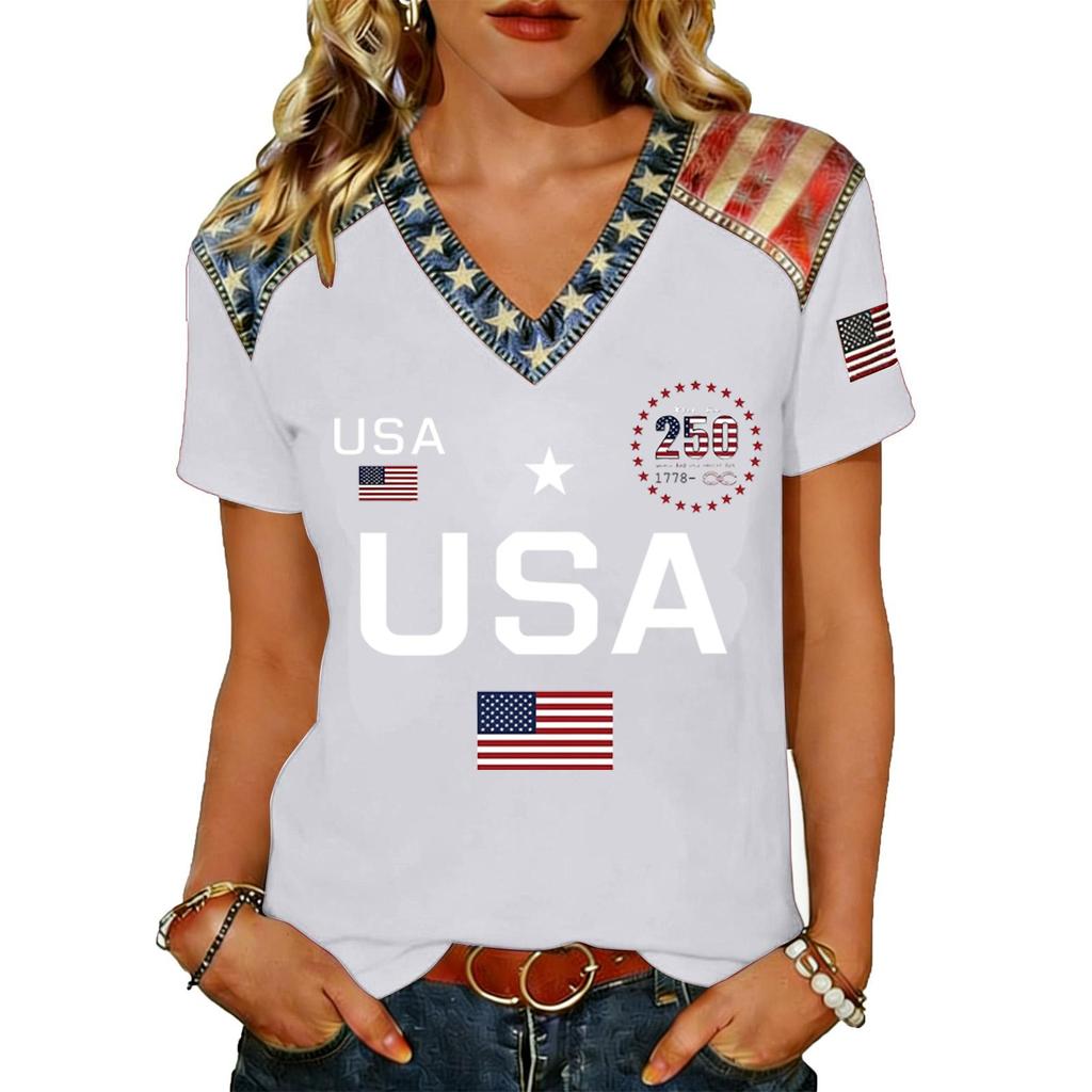 Women V Neck Short Sleeve Pullover T Shirt Top with Printed Letter and Flag Pattern Loose Fit Casual Style Comfortable Material