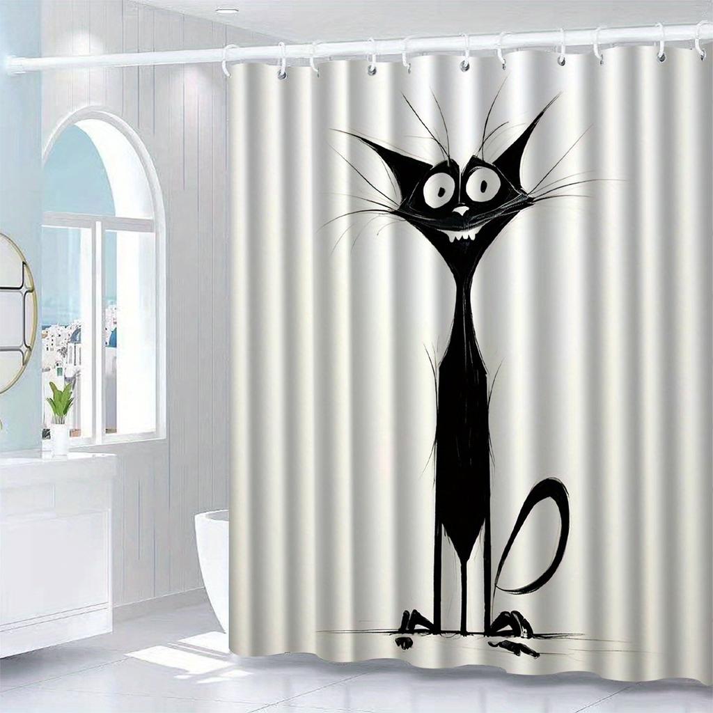 Whimsical Black Cat Shower Curtain, Playful Cartoon Design, Machine Washable Polyester,  Ideal for Bathroom Decor