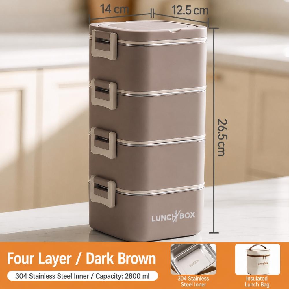 Portable Stackable Lunch Box With 304 Stainless Steel Inner Containers, Side Buckles And Carry Handle For School Office Travel Meals