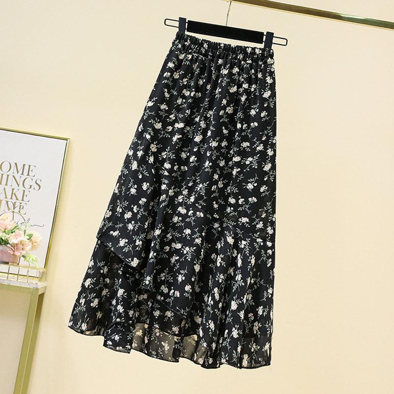 

Модные юбки миди с асимметричными оборками, женская одежда, стиль прерии шик, с принтом разбитых цветов, весенне-летние, винтажные, с высокой талией L чёрный