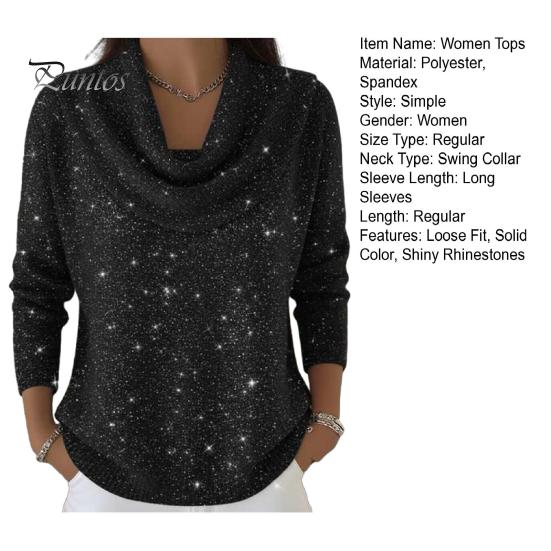 Stretchy Casual Shirt Women Tops Swing Collar Long Sleeve Shiny Rhinestones Pullover Loose Fit Solid Color Flash Design Blouse Daily Wear Soft