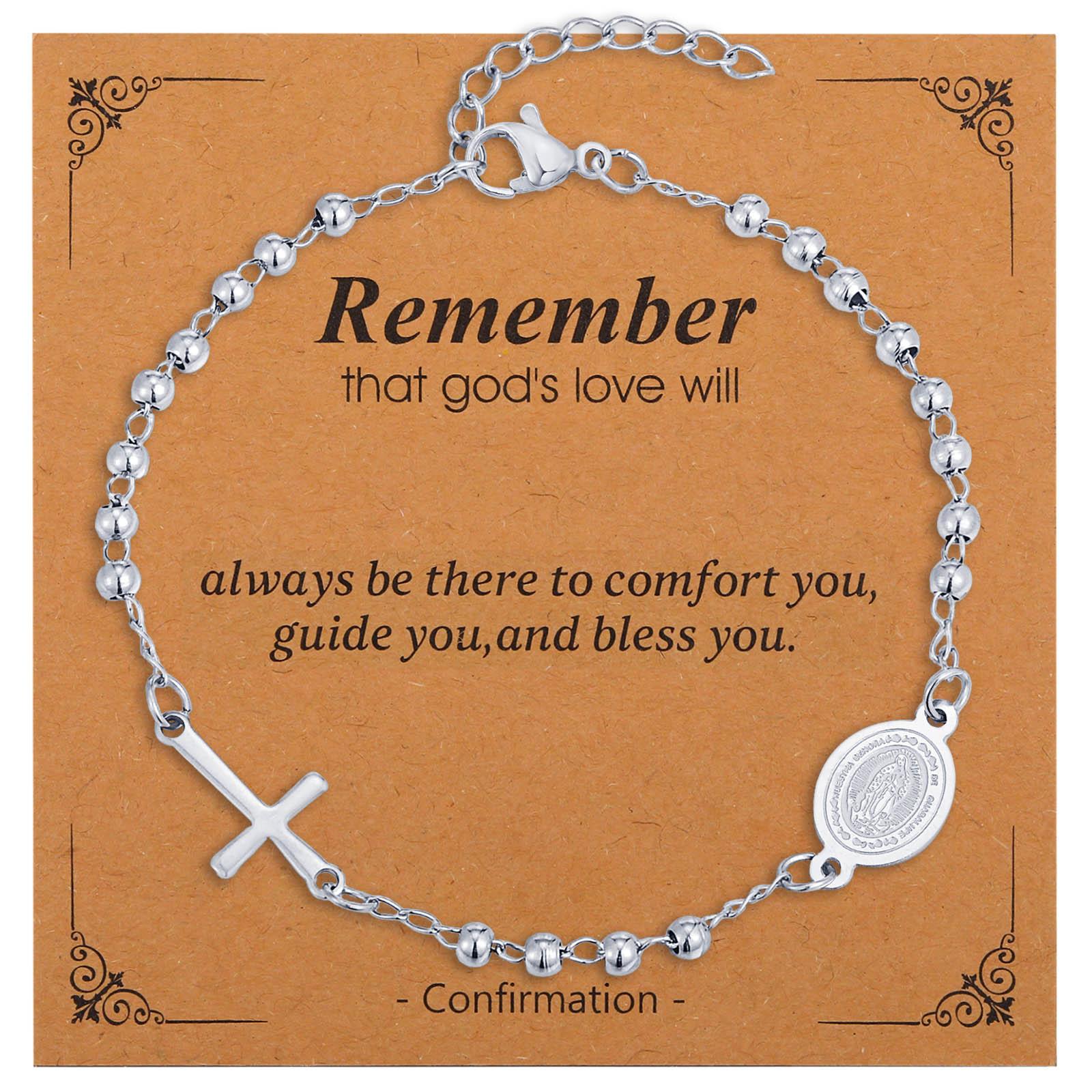 

Silver Color Virgin Mary Rosary Bracelet, Catholic Religious Cross Chain Bracelet for Women Adjustable, Communion Baptism Gift