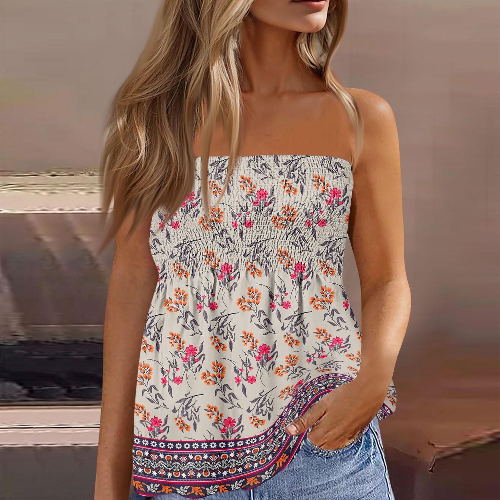 

Womens Tops Dressy Casual Sleeveless Blouse Tube Tops For Women,Cute Sexy Off Shoulder Print Sleeveless T-Shirt M рожевий
