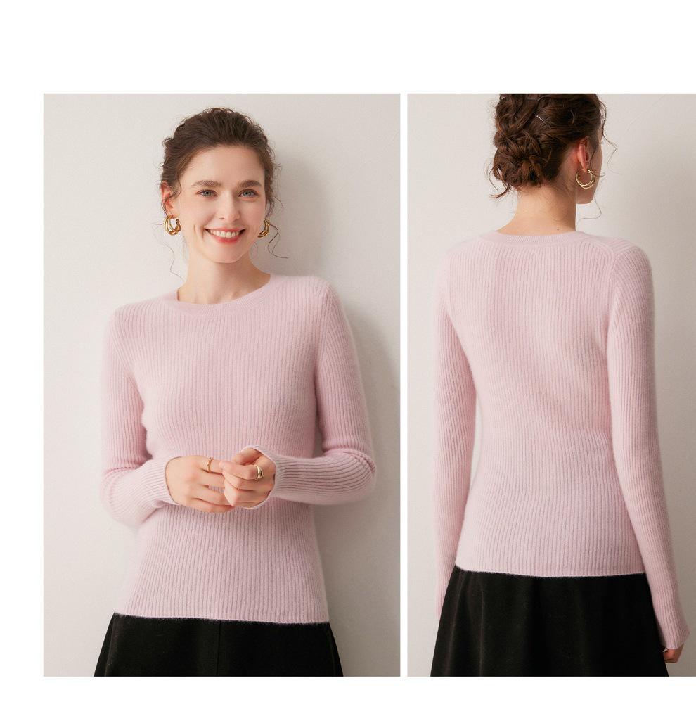 Autumn/Winter Women's Striped 100% Cashmere Round Neck Slim Knit Sweater