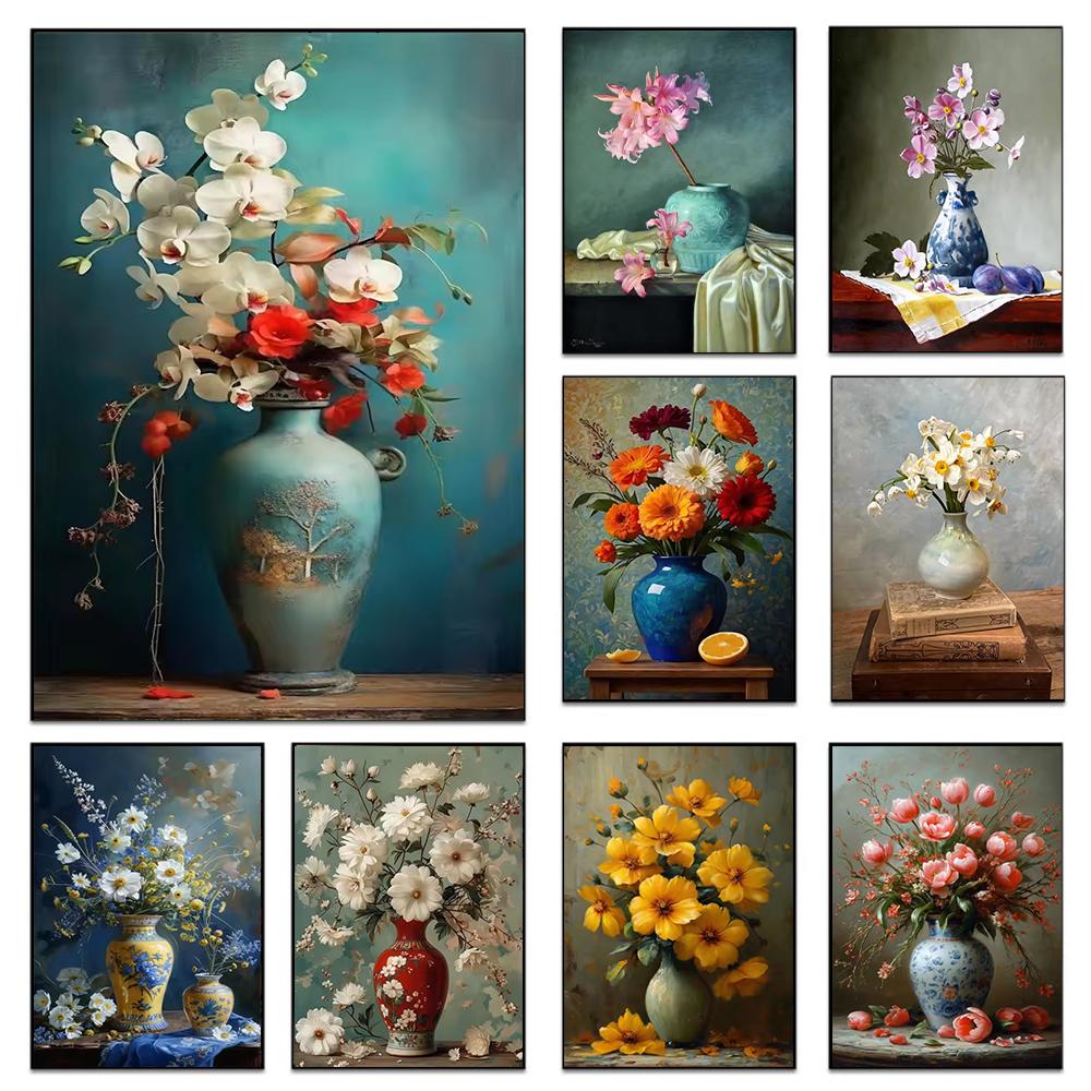 Vintage Still Life Print Retro Flowers Poster For Living Room Decor Aesthetic Peony Daisy Lily Flower Canvas Painting Wall Art