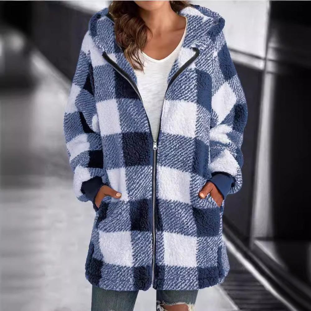 

Жіноча вільна куртка в клітку з довгим рукавом і капюшоном на блискавці з кишенями S406g-5XL521g