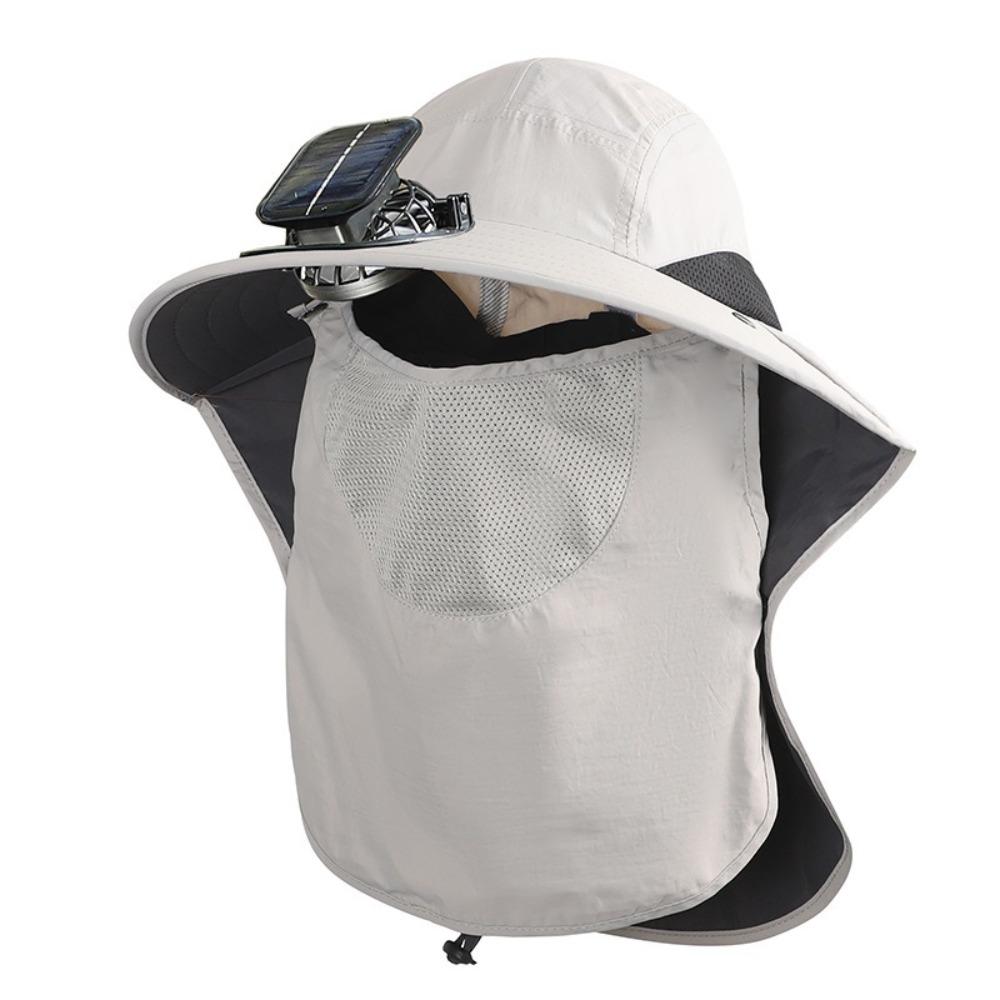 Polyester Solar Powered Fan Hat Neck Cover Breathable Mesh Fisherman Hat Sun Protection Visor UV Protection Solar Fan Cap светло-серый
