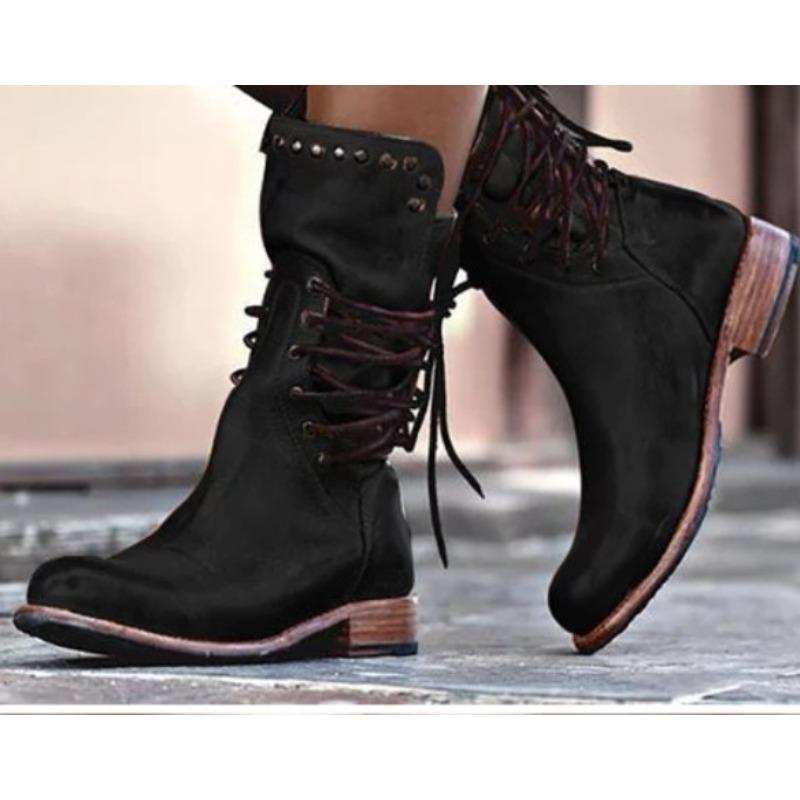 Autumn and Winter New Lace-up Rivets Low Heel Thick Heel Medium Tube Short Boots Large Size Women's Boots Locomotive Knight Boots Women's Spot