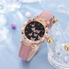 Yousheng 1 Set Women Watch Necklace Bracelet Ring Ear Studs Rhinestone Butterflies Round Faux Leather Strap Ladies Dress Wrist Watch Fashion Jewelry