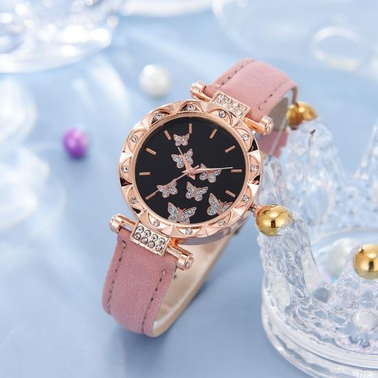 Yousheng 1 Set Women Watch Necklace Bracelet Ring Ear Studs Rhinestone Butterflies Round Faux Leather Strap Ladies Dress Wrist Watch Fashion Jewelry