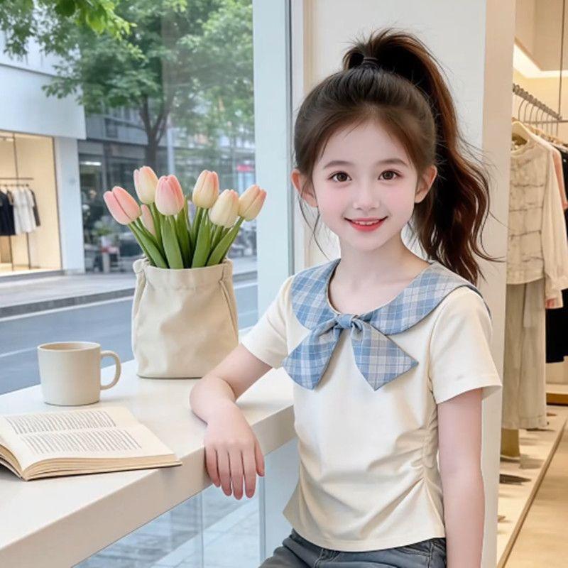 Girls Summer Plaid T Shirt With Bow Sweet Ruched Waist Short Sleeve Top For Big Kids