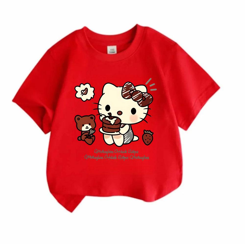 Cute Cartoon Cat Print Kids T Shirt 100% Cotton Short Sleeve Crew Neck Casual Tee for Boys Girls Sweet Chocolate Cake Bear Strawberry Pattern Soft Sum
