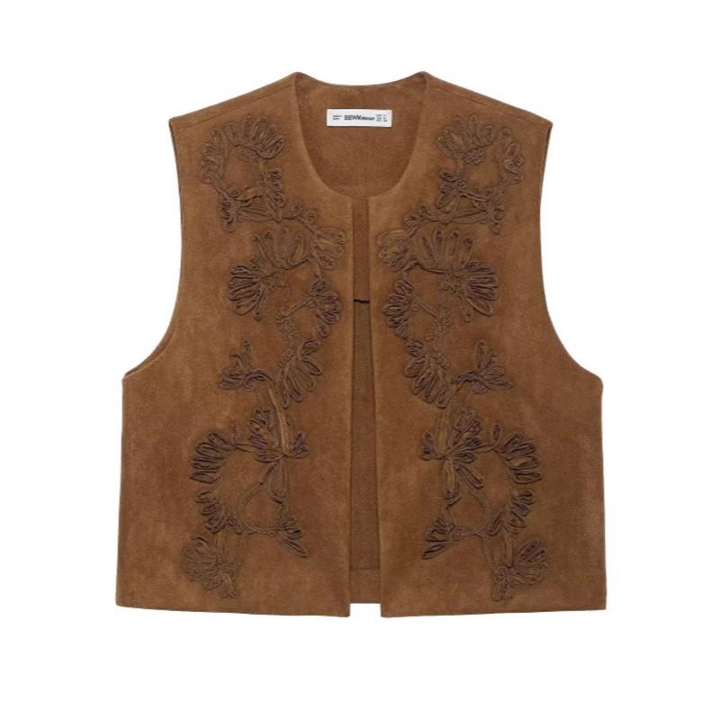 Fashion 2025 Early Autumn New Women's Fashion Casual Suede Like Texture Vest Embroidered Patterns Trendy & Versatile Sleeveless Tops