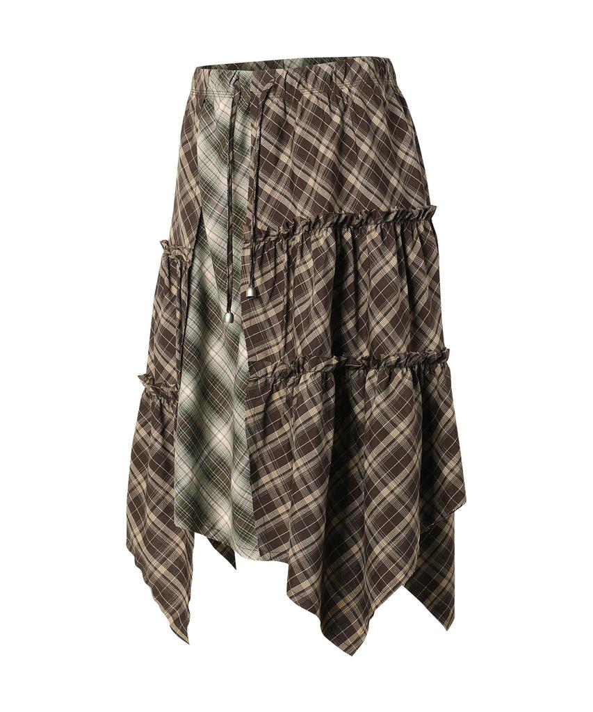 The Vinyl House Unbalance Layered Check Skirt (W) Brown