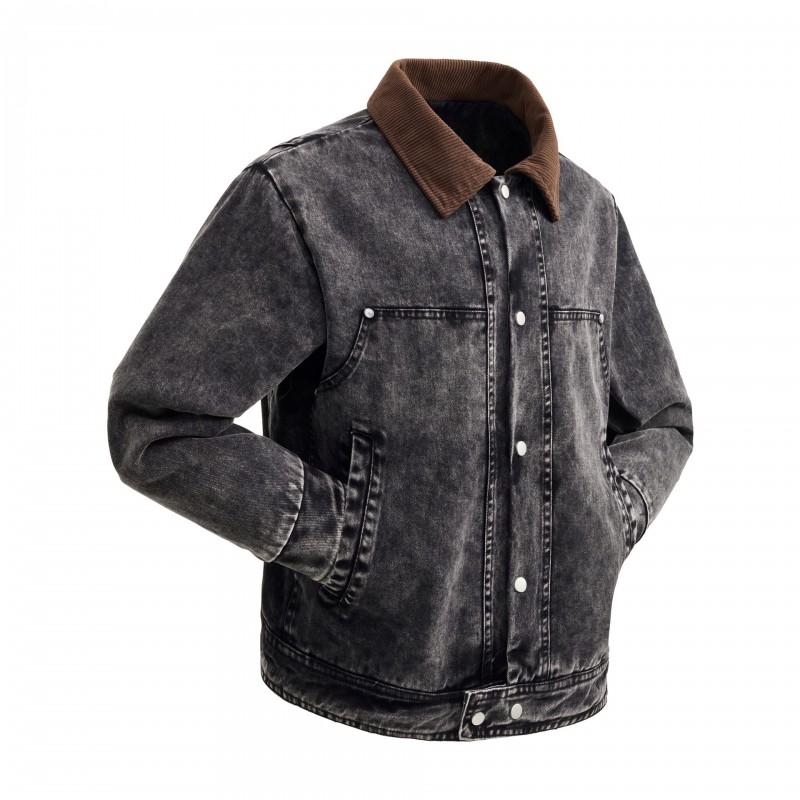 Mens Vintage Washed Cotton Utility Jacket With Patchwork Design Relaxed Fit Notched Collar Fall Casual Outerwear