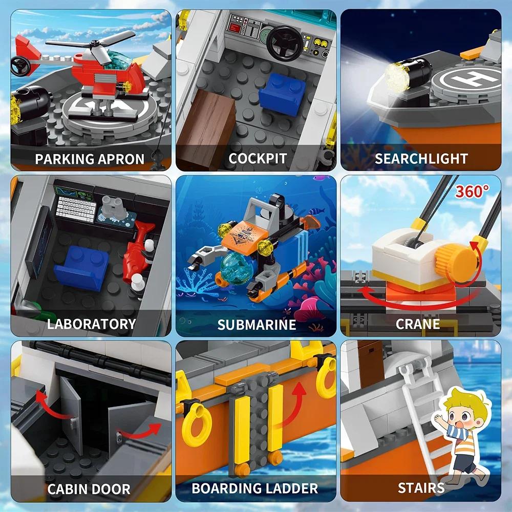 City Ocean Explorer Ship Building Set Fun Toy Boat Building Block Kit with LED Lights Helicopter Submarine and Shark Cage