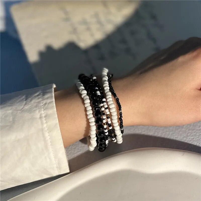 Conjunto de Pulseiras de Contas de Arroz Boho para Mulheres Multicamadas Tecidas à Mão Pulseira de Contas de Cristal Joias para Festa de Verão Presentes de Amizade