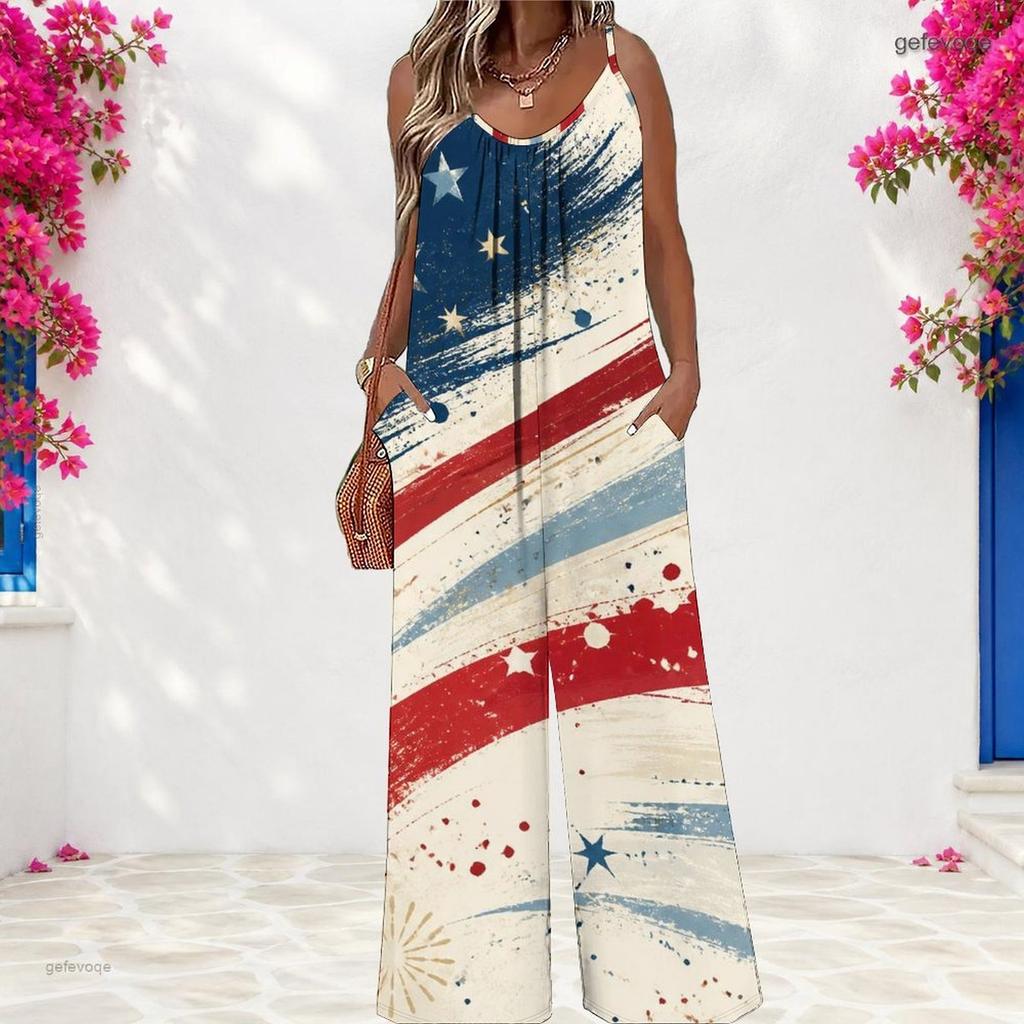 Women Spaghetti Strap Jumpsuit Rainbow Heart Star Print Wide Leg Pants With Pockets