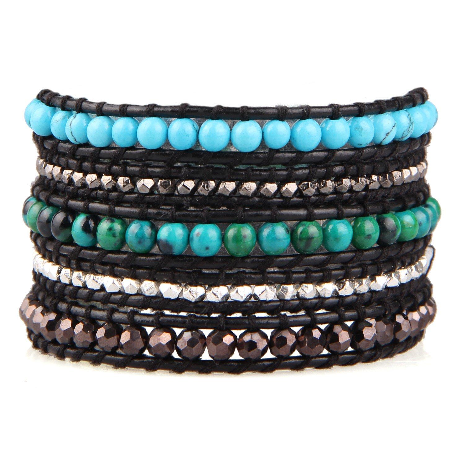 KELITCH Natural Agate Gunmetal Silver Bead 5-Wrap Bracelet with Natural Laceyant Handmade New (Agate B)