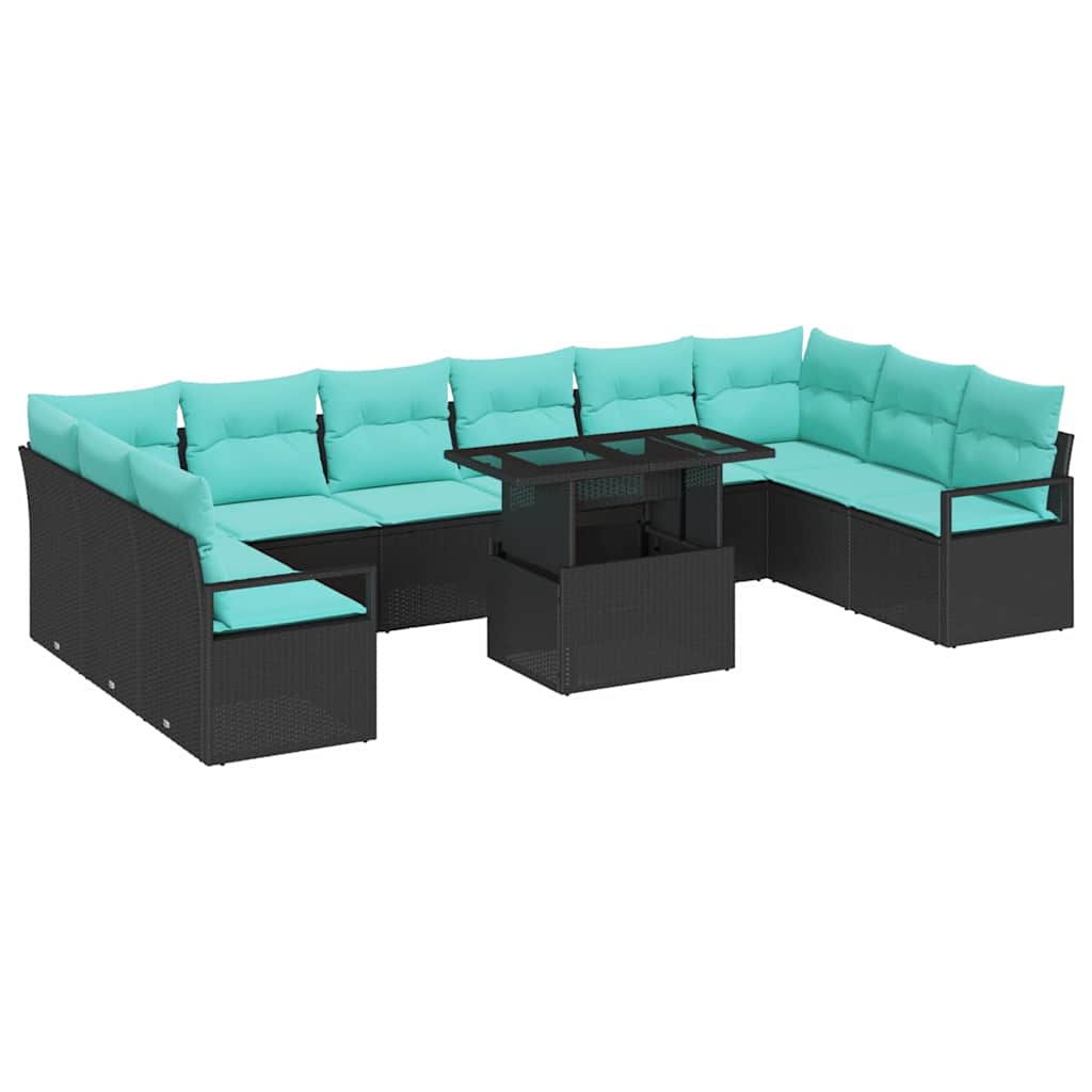 Garden Sofa Set with Cushions 11 pcs Black and Blue Poly Rattan