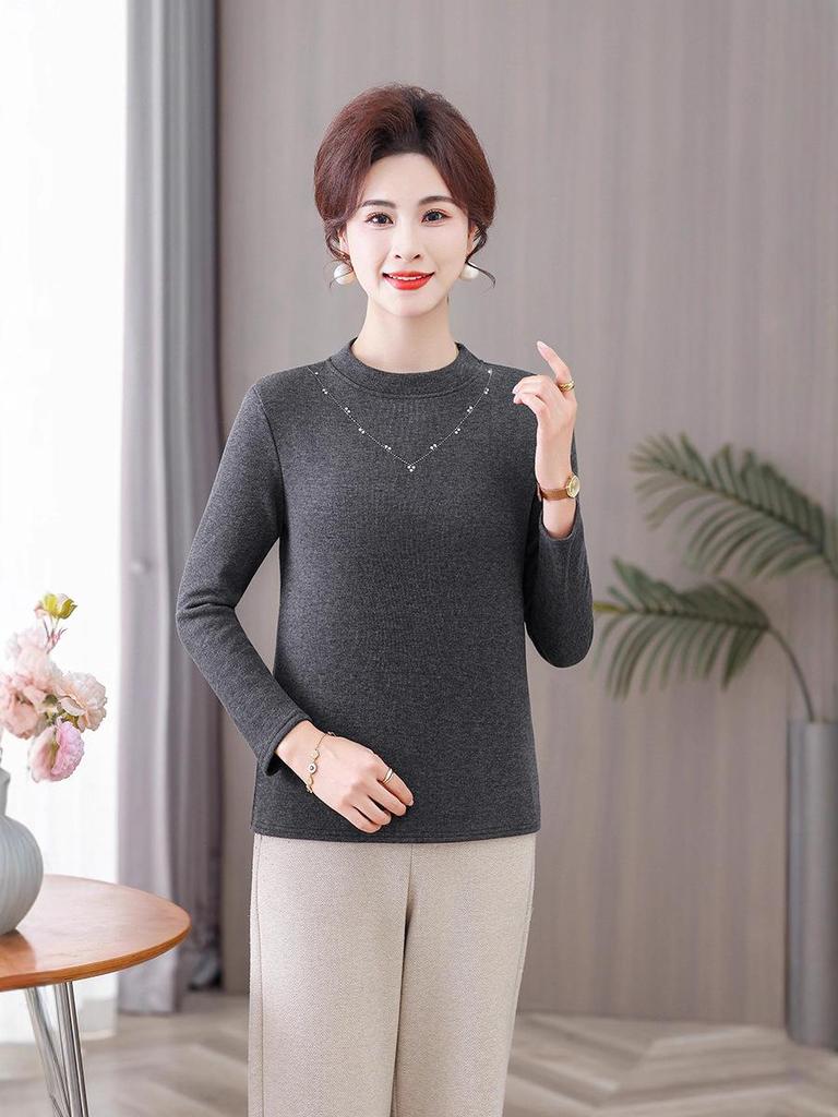 Women's Long-Sleeve Velvet-Lined Warm T-shirt for Middle-Aged & Elderly - Autumn/Winter Layer