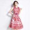 Sommer Damen Markendesigner Vintage Print Runway Kleid Ärmellos Revers Einreihig Tank Party Kleider mit Gürtel