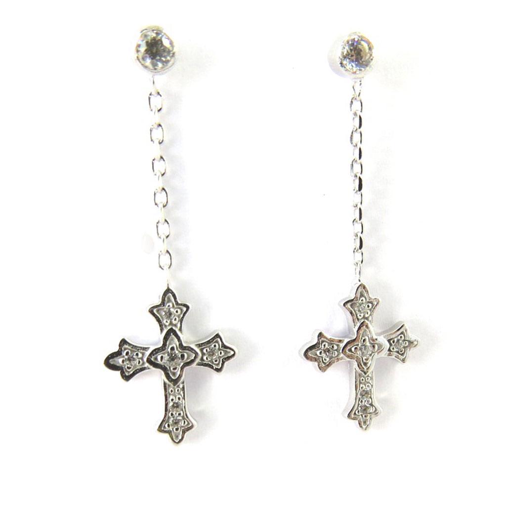 Altesse [M5892] - White 'Gothic Cross' Silver Earrings