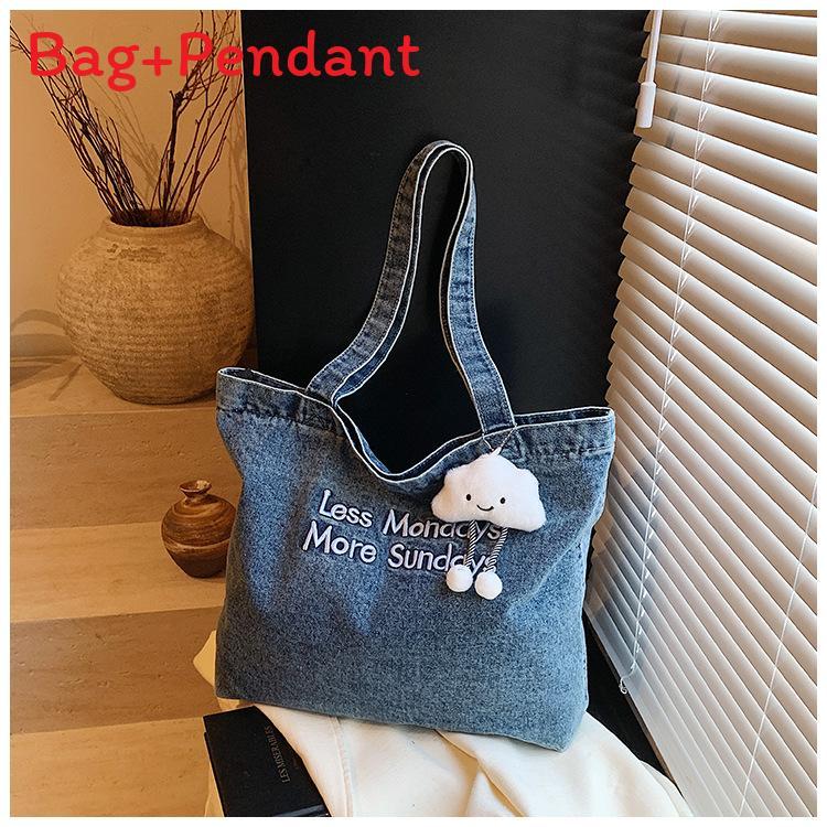 Large Capacity Denim Tote Bag With Car Stitching For Everyday Outfits