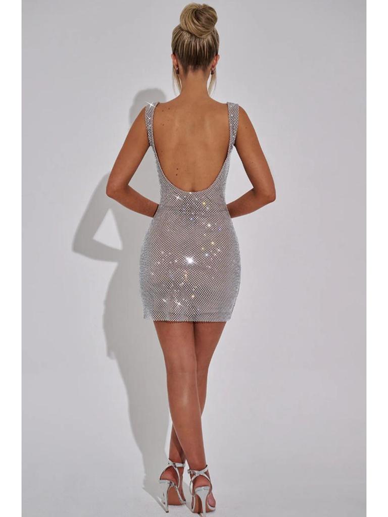 Women's Winter 2024 Rhinestone Backless Dress with Spaghetti Straps - Solid Color, Sexy & Sleeveless, Waist-Hugging Design