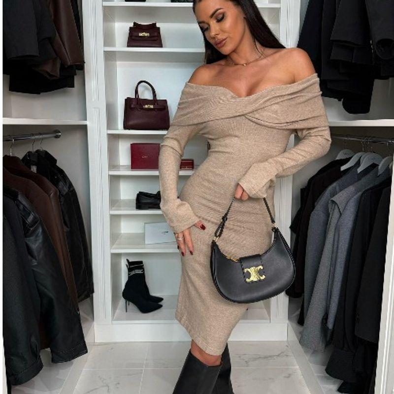 Spring & Fall New Arrival European and American Sexy Sexy Cross off-Neck Pure Color Silm Slim Looking Sheath Long Sleeves Dress Dress